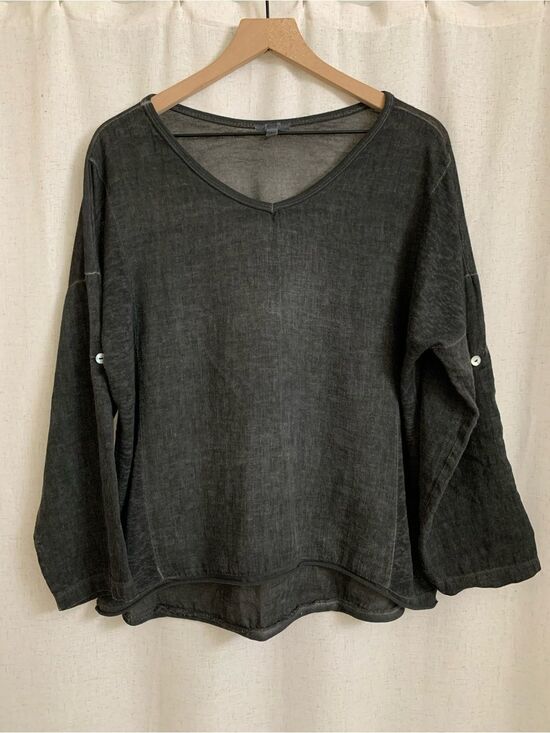 Kaktus Tops - KAKTUS Italy 100% Linen Panel Washed Black V-Neck Top Lagenlook Large Roll Up